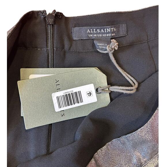 NWT ALLSAINTS Carla Metallic Silver  Midi Skirt Asymmetric Hem Women's US 12 - Picture 9 of 13